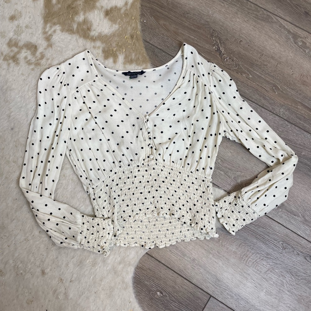 American Eagle polka dot synched long sleeve blouse